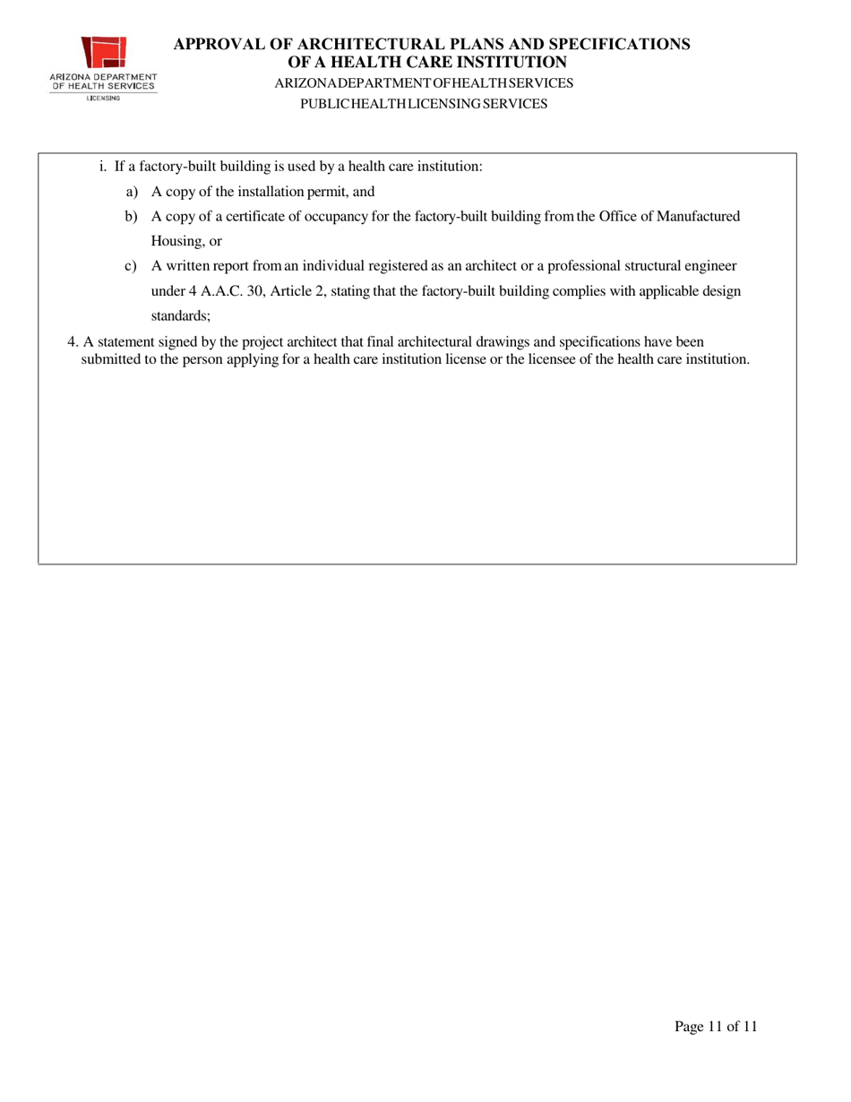 Approval of Architectural Plans and Specifications of a Health Care Institution - Arizona, Page 11