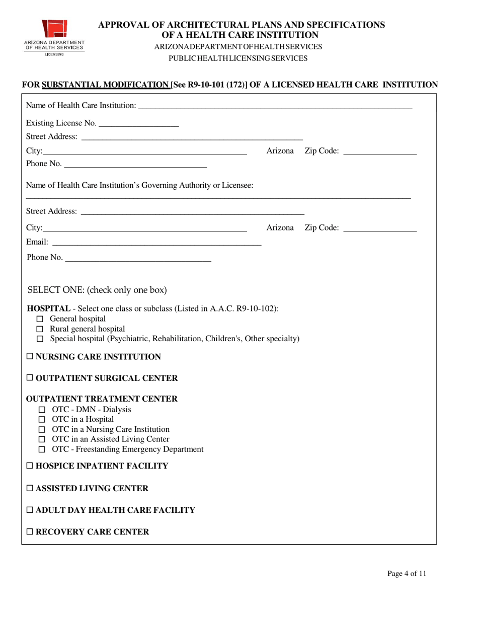 Approval of Architectural Plans and Specifications of a Health Care Institution - Arizona, Page 4