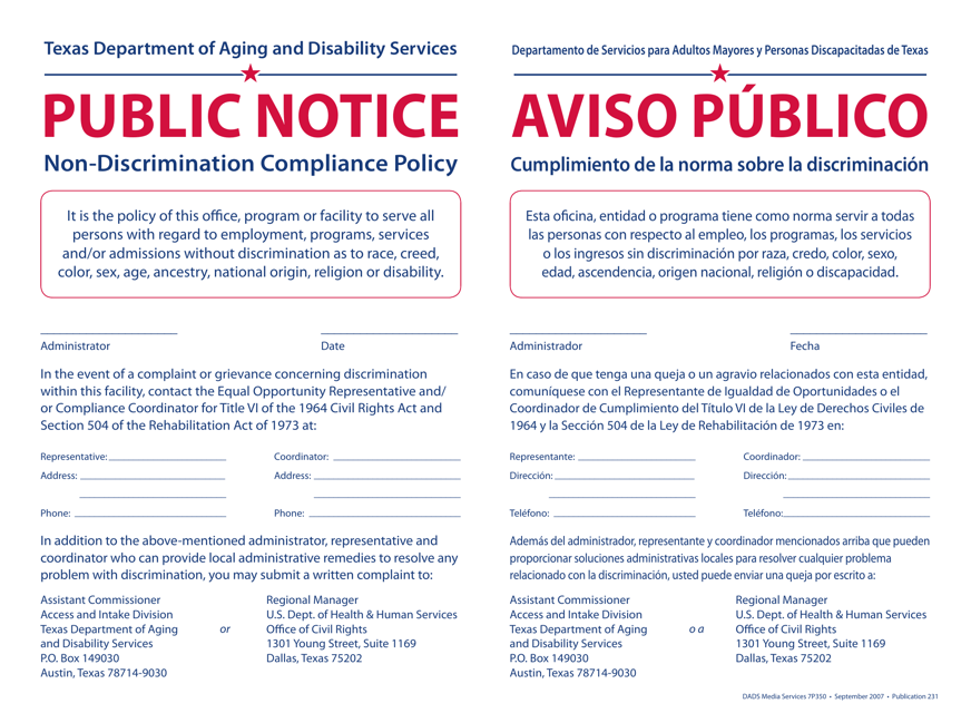 Public Notice - Non-discrimination Compliance Policy - Texas (English / Spanish) Download Pdf
