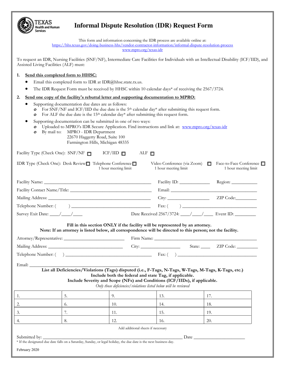 Informal Dispute Resolution (Idr) Request Form - Texas, Page 1