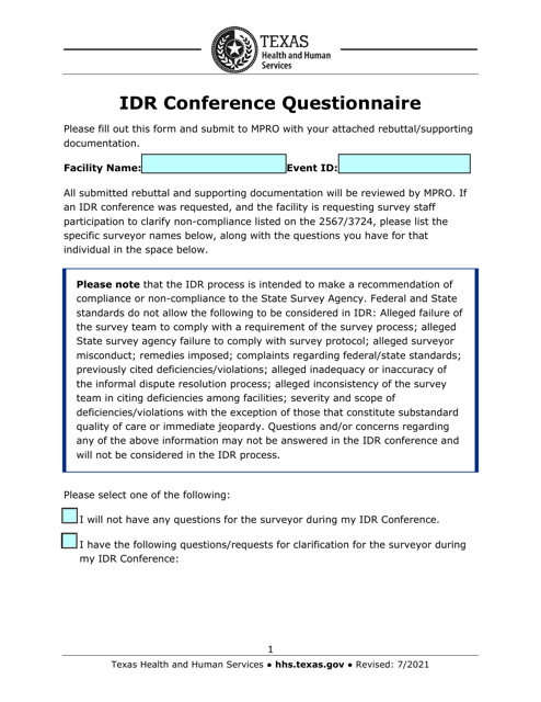 Idr Conference Questionnaire - Texas