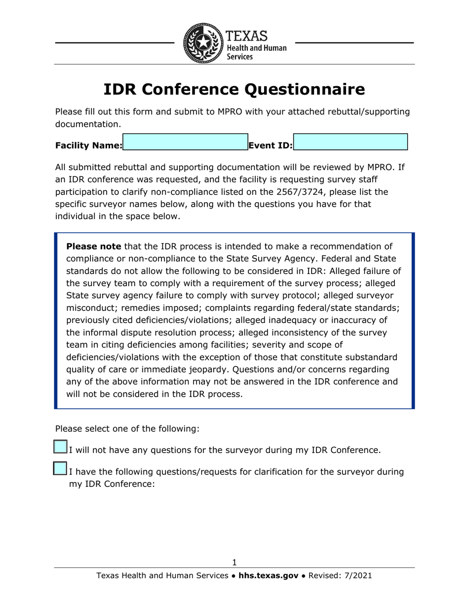 Idr Conference Questionnaire - Texas, Page 1