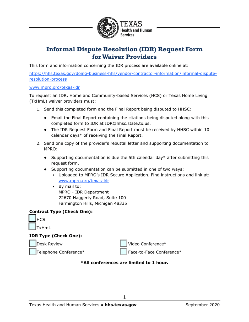 Informal Dispute Resolution (Idr) Request Form for Waiver Providers - Texas, Page 1