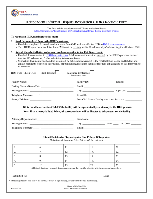 Independent Informal Dispute Resolution (Iidr) Request Form for Nursing Facilities - Texas