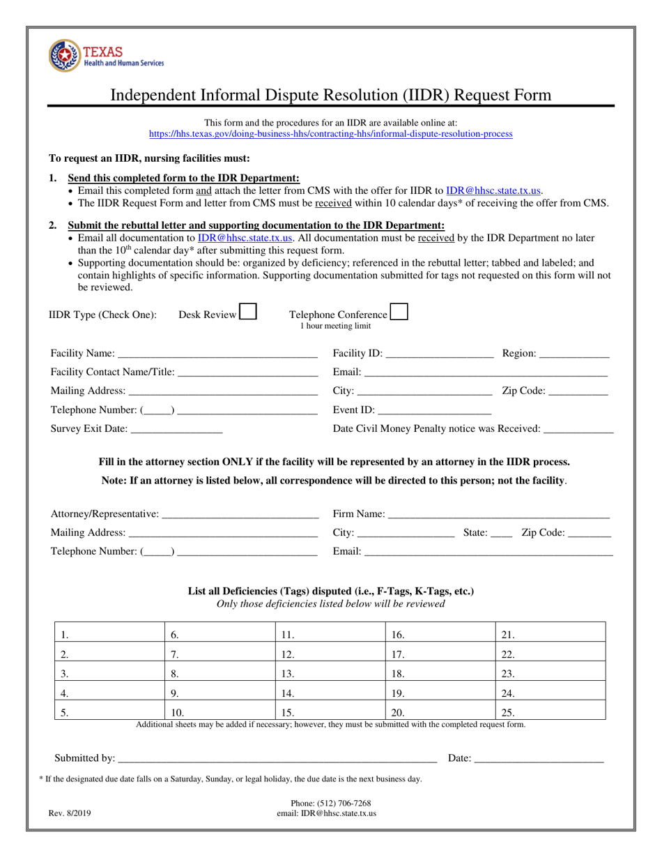 Independent Informal Dispute Resolution (Iidr) Request Form for Nursing Facilities - Texas, Page 1