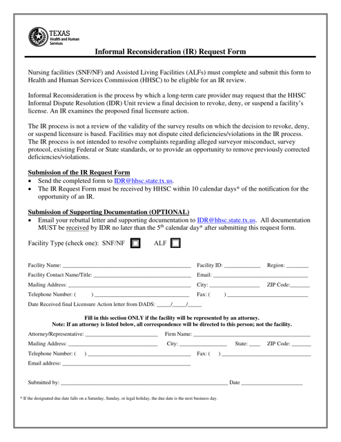 Informal Reconsideration (Ir) Request Form - Texas Download Pdf