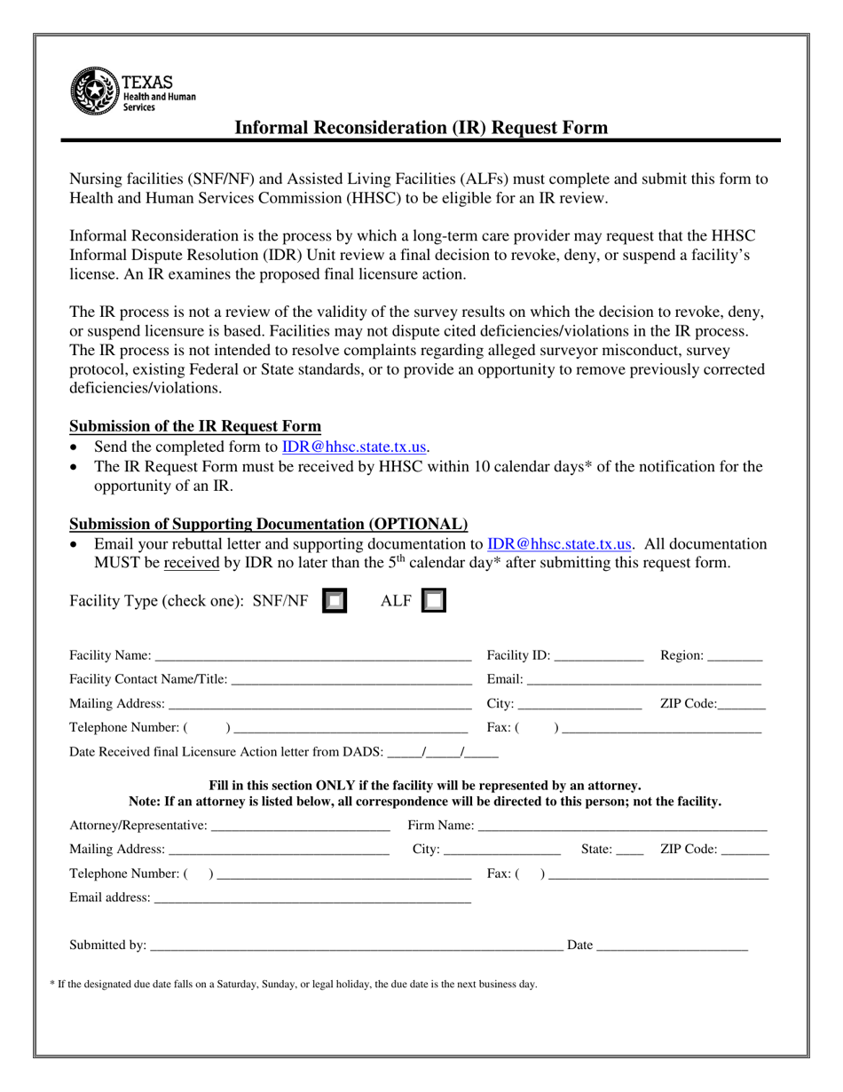 Informal Reconsideration (Ir) Request Form - Texas, Page 1
