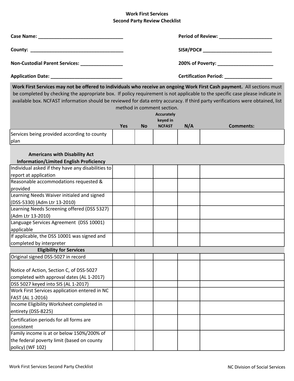 Second Party Review Checklist - Work First Services - North Carolina, Page 1
