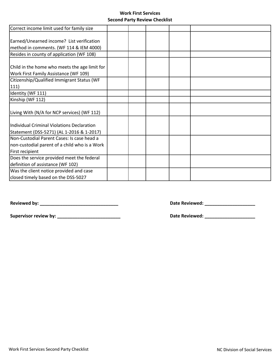 North Carolina Second Party Review Checklist - Work First Services ...