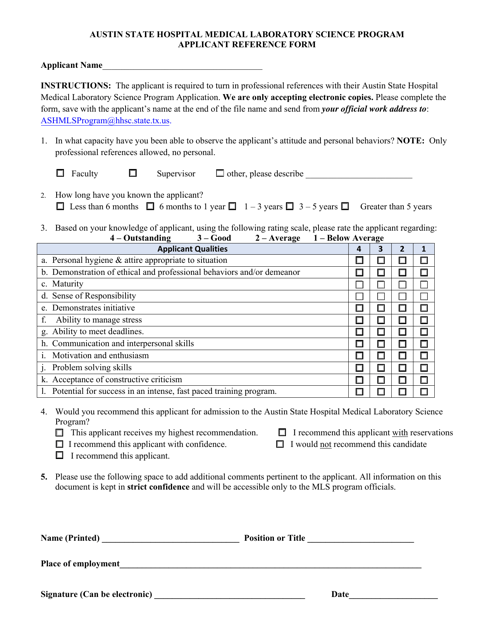 Applicant Reference Form - Austin State Hospital Medical Laboratory Science Program - Texas Download Pdf