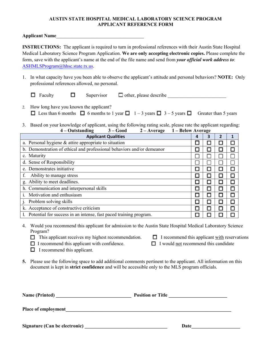 Applicant Reference Form - Austin State Hospital Medical Laboratory Science Program - Texas, Page 1