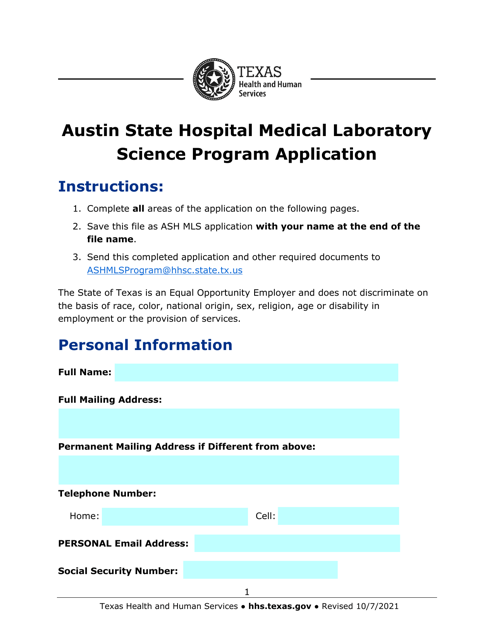 Austin State Hospital Medical Laboratory Science Program Application - Texas Download Pdf