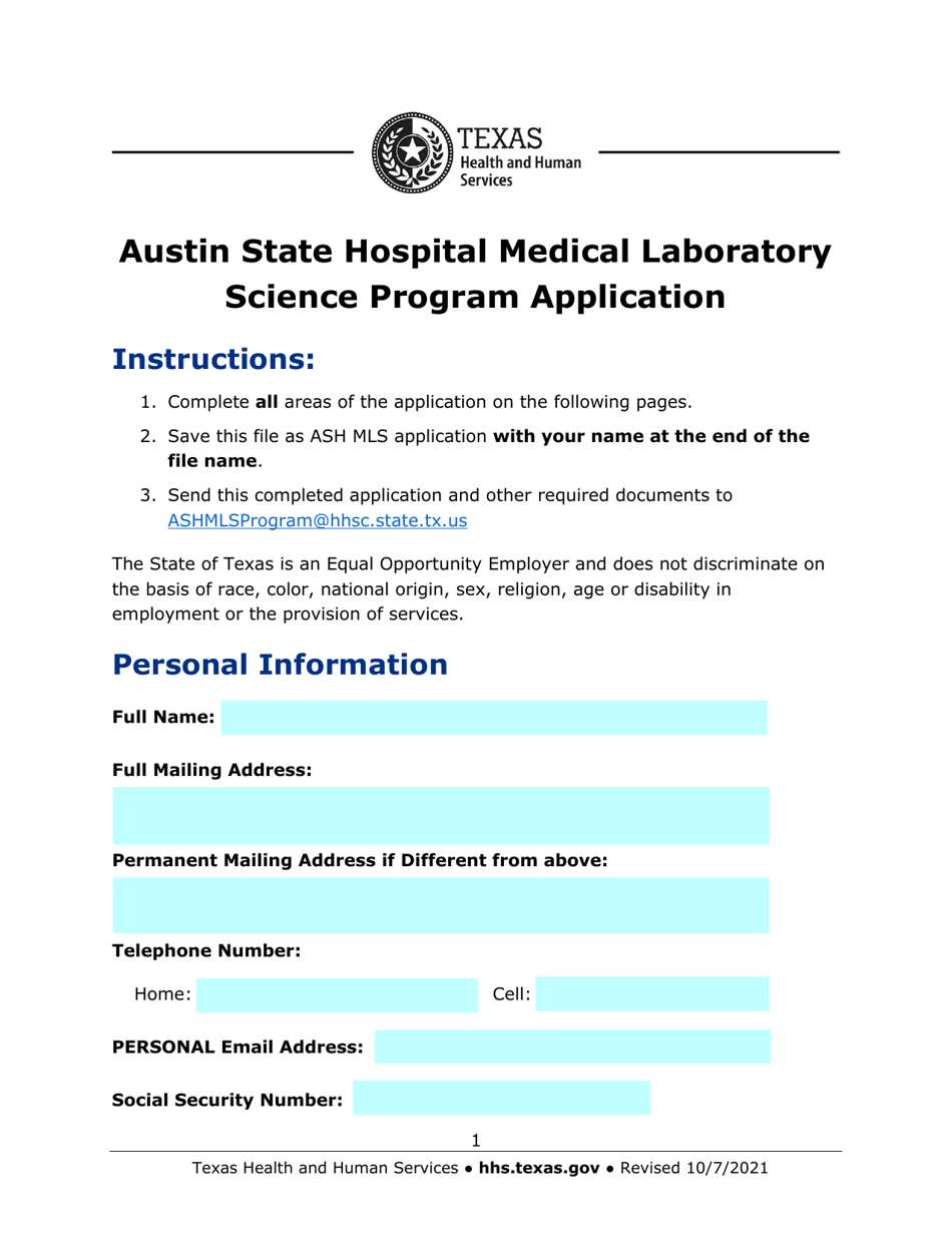 Austin State Hospital Medical Laboratory Science Program Application - Texas, Page 1