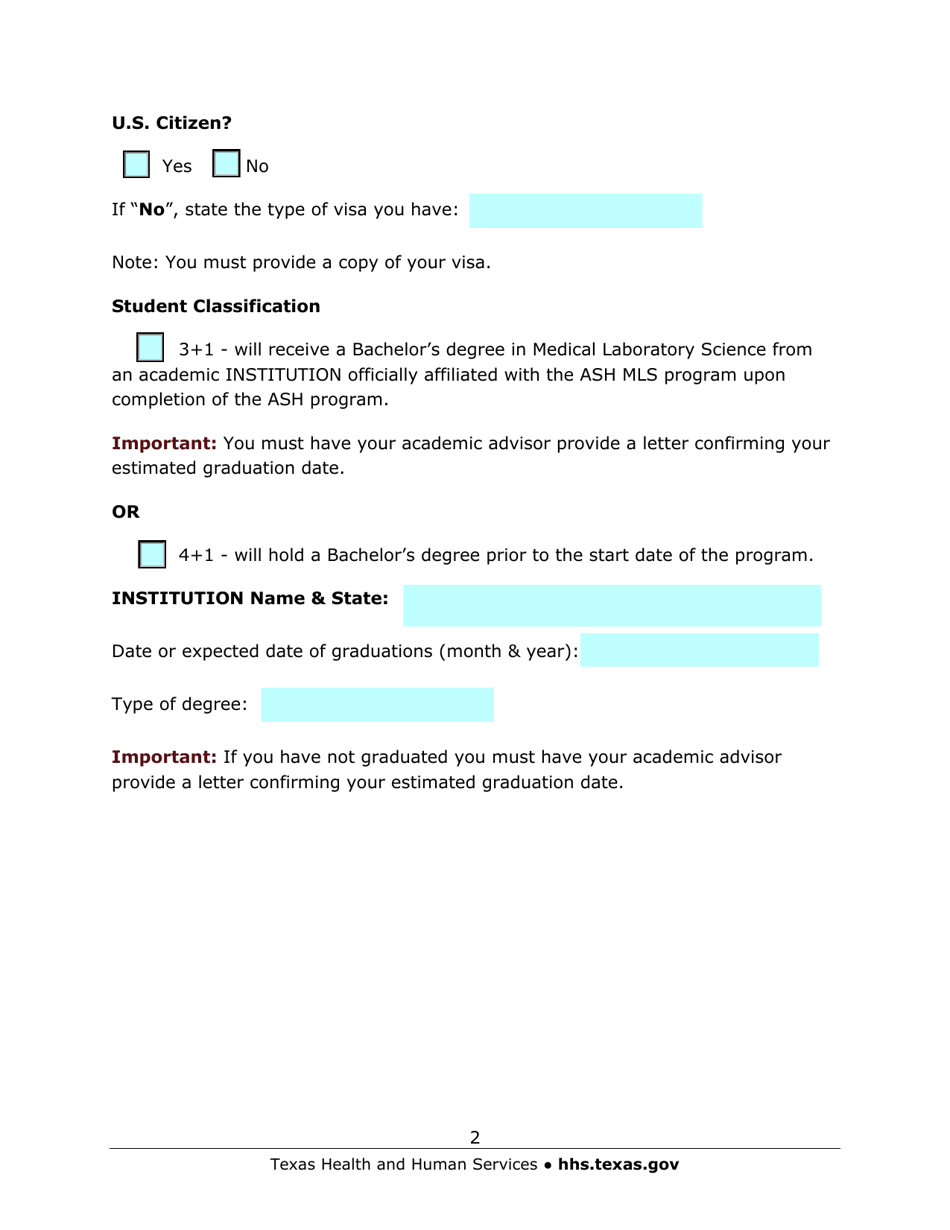 Austin State Hospital Medical Laboratory Science Program Application - Texas, Page 2