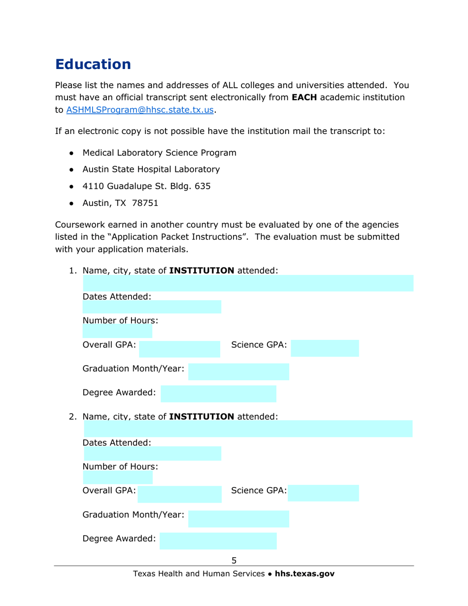 Austin State Hospital Medical Laboratory Science Program Application - Texas, Page 5