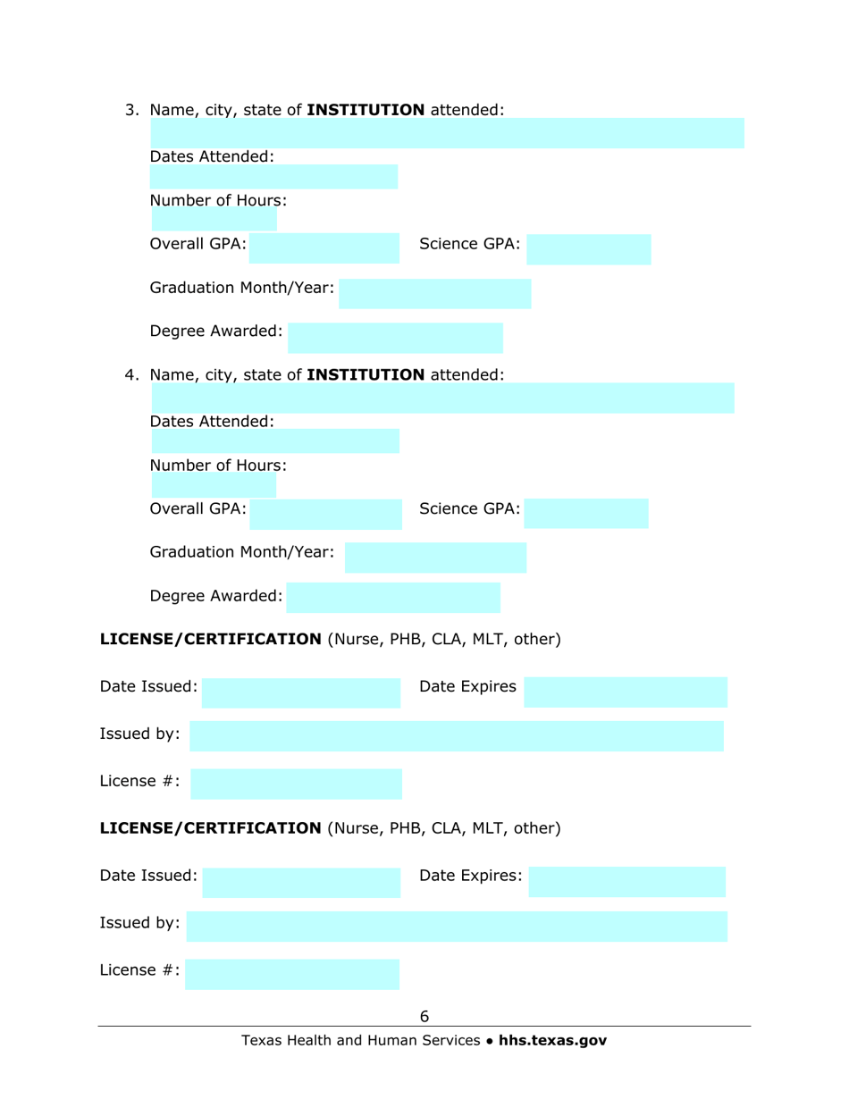 Austin State Hospital Medical Laboratory Science Program Application - Texas, Page 6
