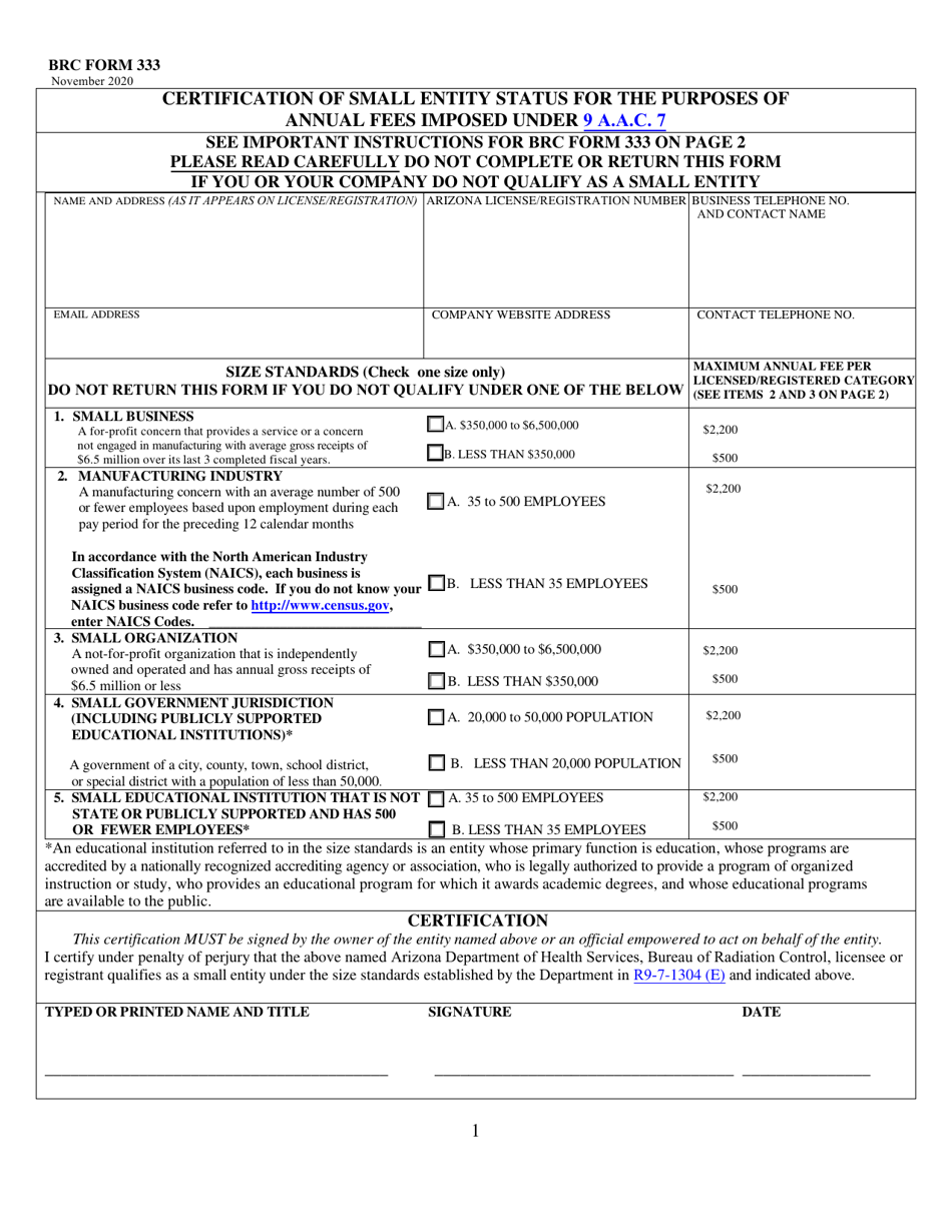 BRC Form 333 Certification of Small Entity Status - Arizona, Page 1