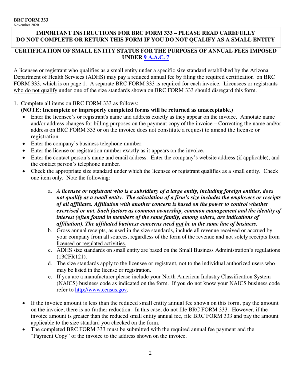 BRC Form 333 Certification of Small Entity Status - Arizona, Page 2