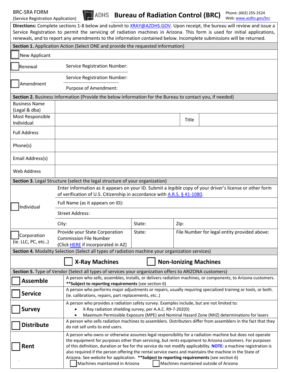Form BRC-SRA Service Registration Application - Arizona, Page 1