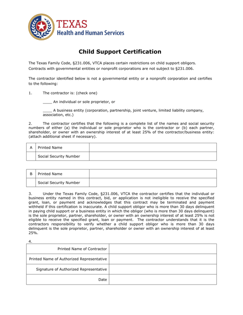 Child Support Certification - Texas Download Pdf