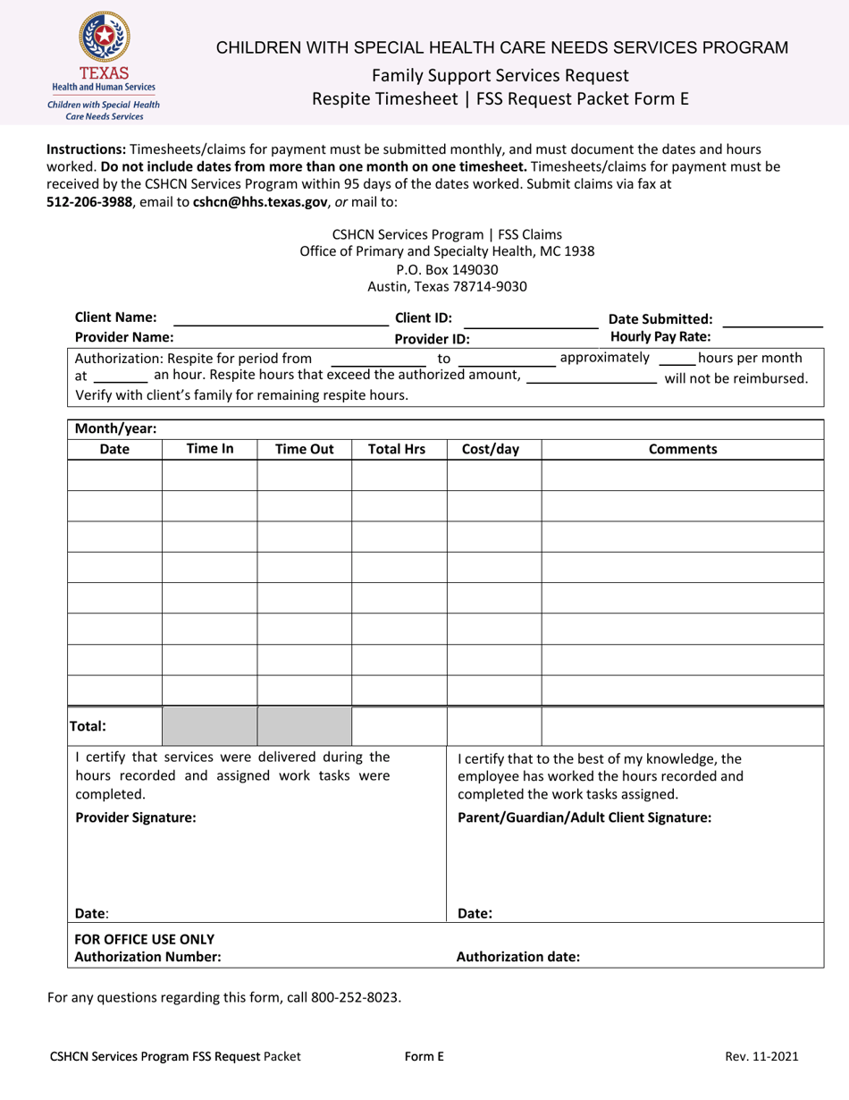 Form E Family Support Services Request - Respite Timesheet - Texas, Page 1