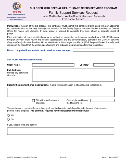 Form D Family Support Services Request - Home Modifications: Written Specifications and Approvals - Texas