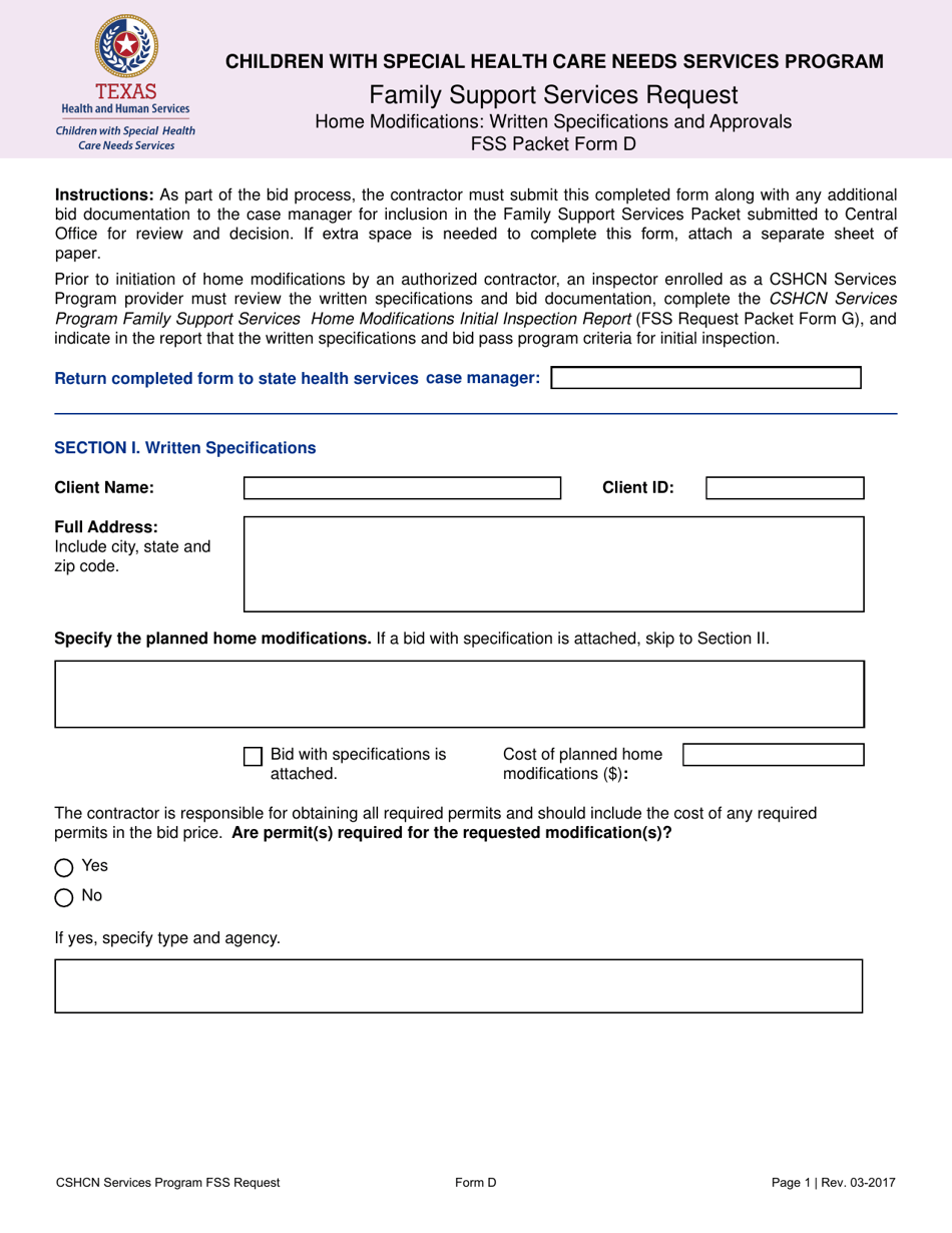 Form D Family Support Services Request - Home Modifications: Written Specifications and Approvals - Texas, Page 1