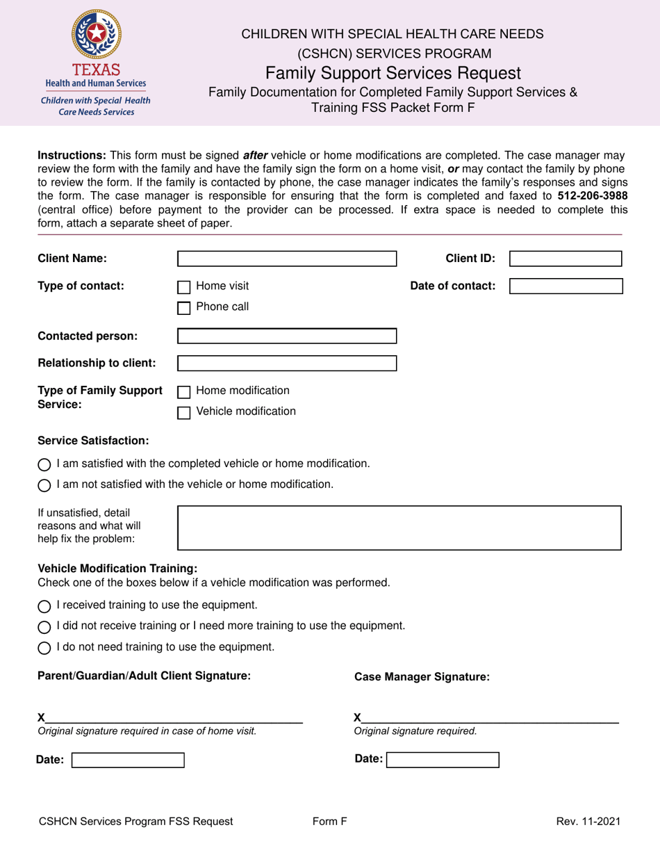 Form F Family Support Services Request - Family Documentation for Completed Family Support Services  Training - Texas, Page 1