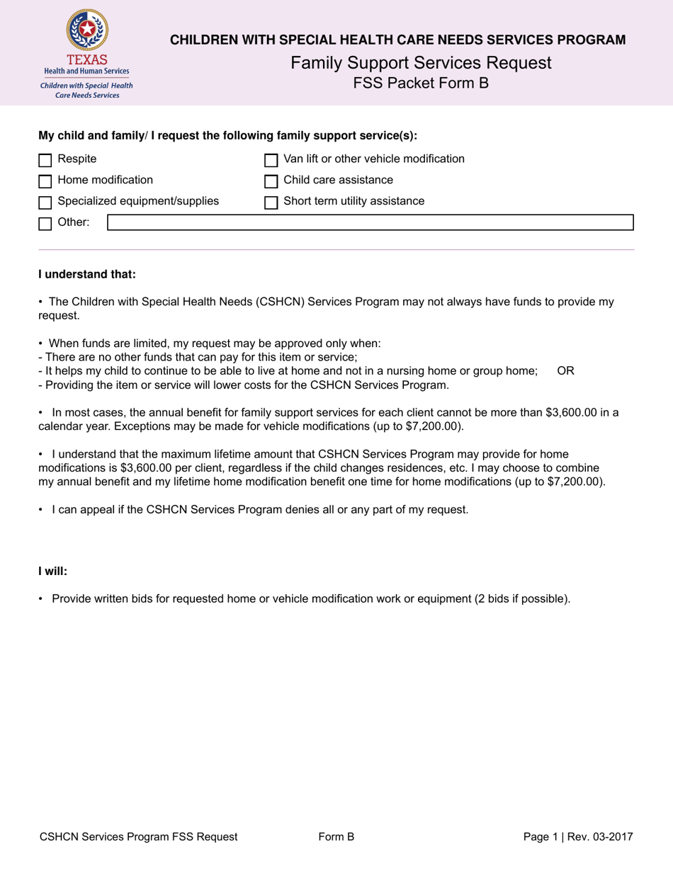 Form B Family Support Services Request - Texas, Page 1