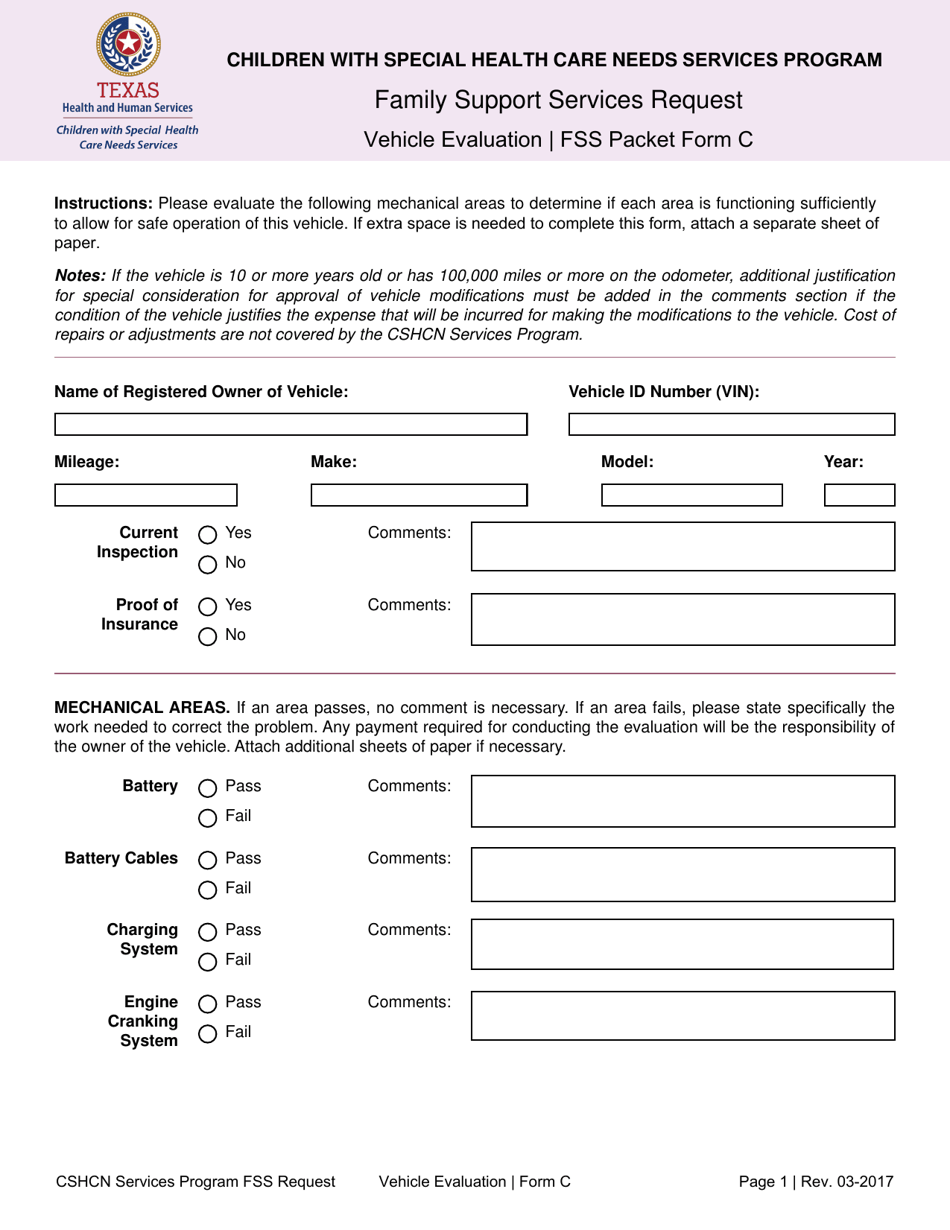 Form C Family Support Services Request - Vehicle Evaluation - Texas, Page 1