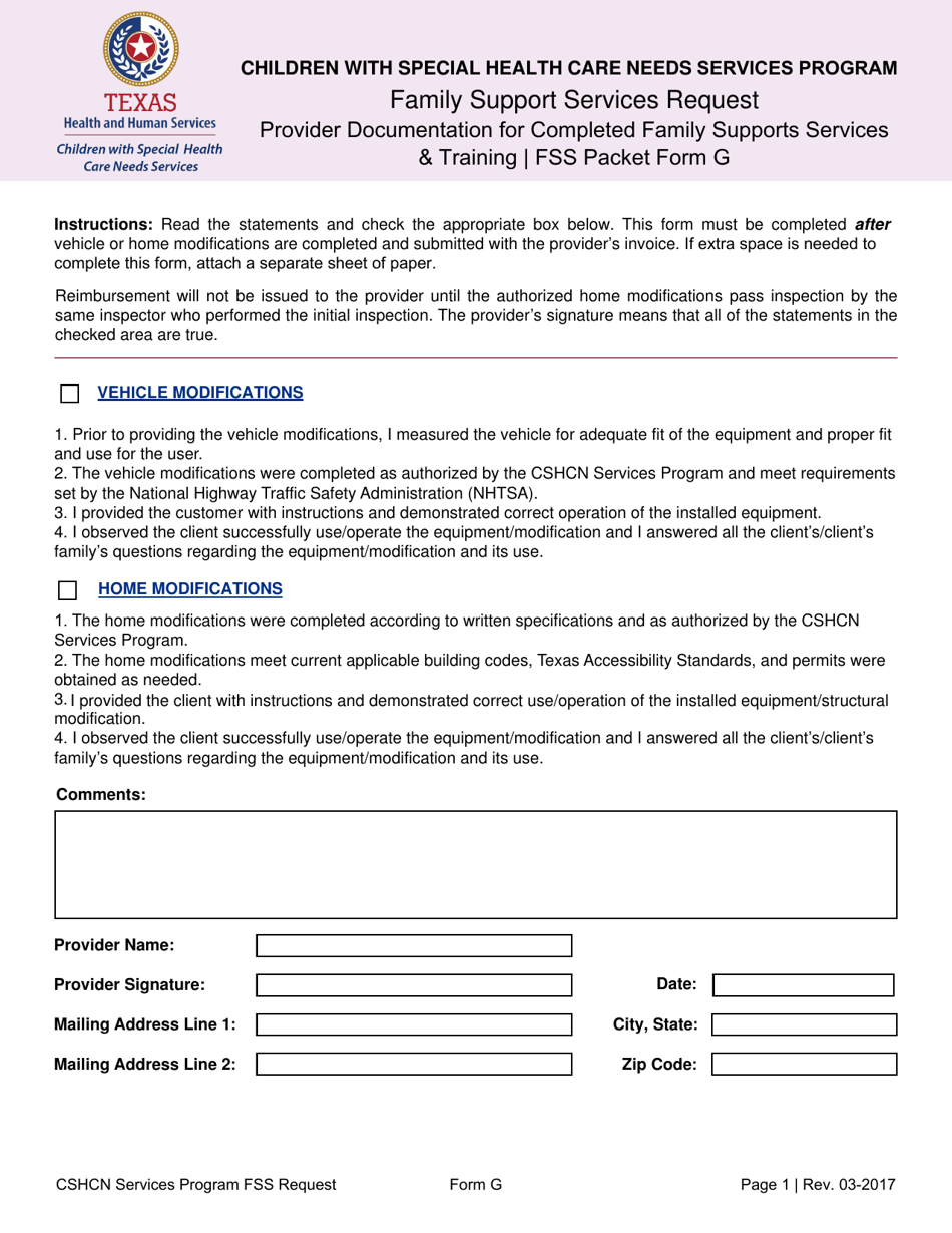 Form G Family Support Services Request - Provider Documentation for Completed Family Supports Services  Training - Texas, Page 1