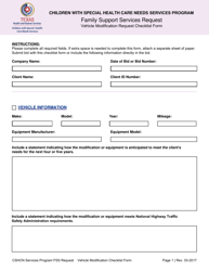 Family Support Services Request - Vehicle Modification Request Checklist Form - Texas