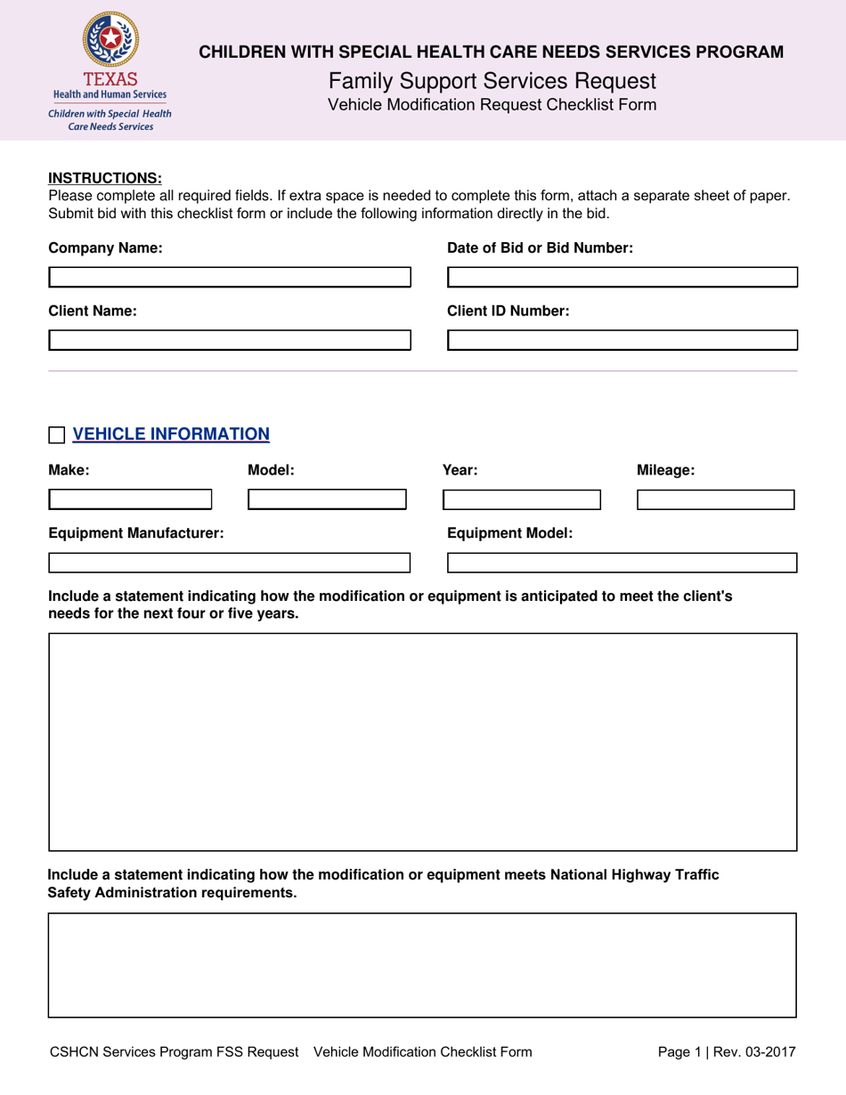 Family Support Services Request - Vehicle Modification Request Checklist Form - Texas, Page 1
