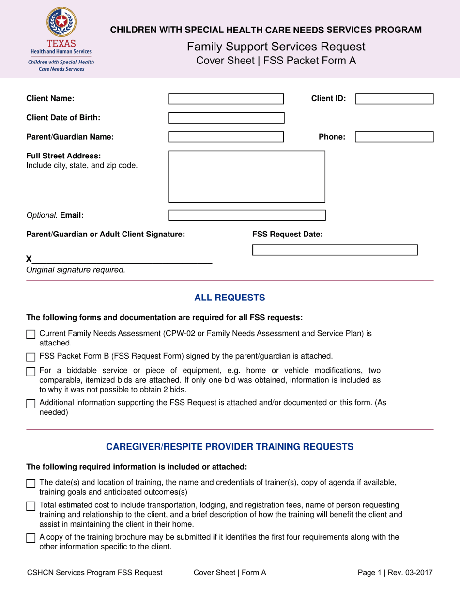 Form A Family Support Services Request - Cover Sheet - Texas, Page 1