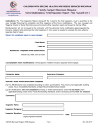 Form I &quot;Family Support Services Request - Home Modifications: Final Inspection Report&quot; - Texas