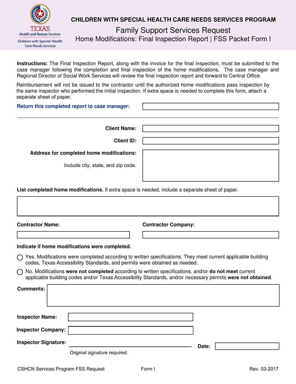 Form I Family Support Services Request - Home Modifications: Final Inspection Report - Texas, Page 1