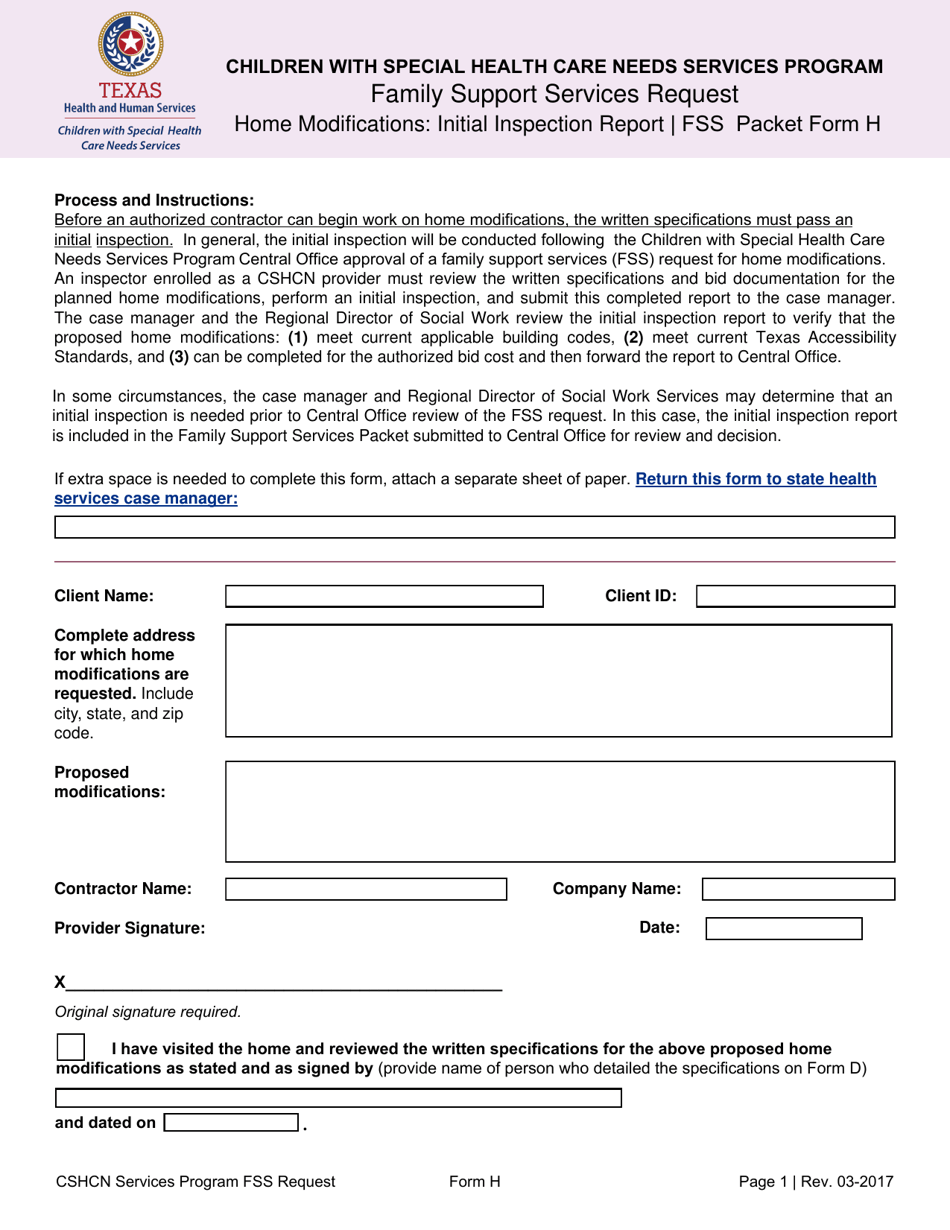 Form H Family Support Services Request - Home Modifications: Initial Inspection Report - Texas, Page 1