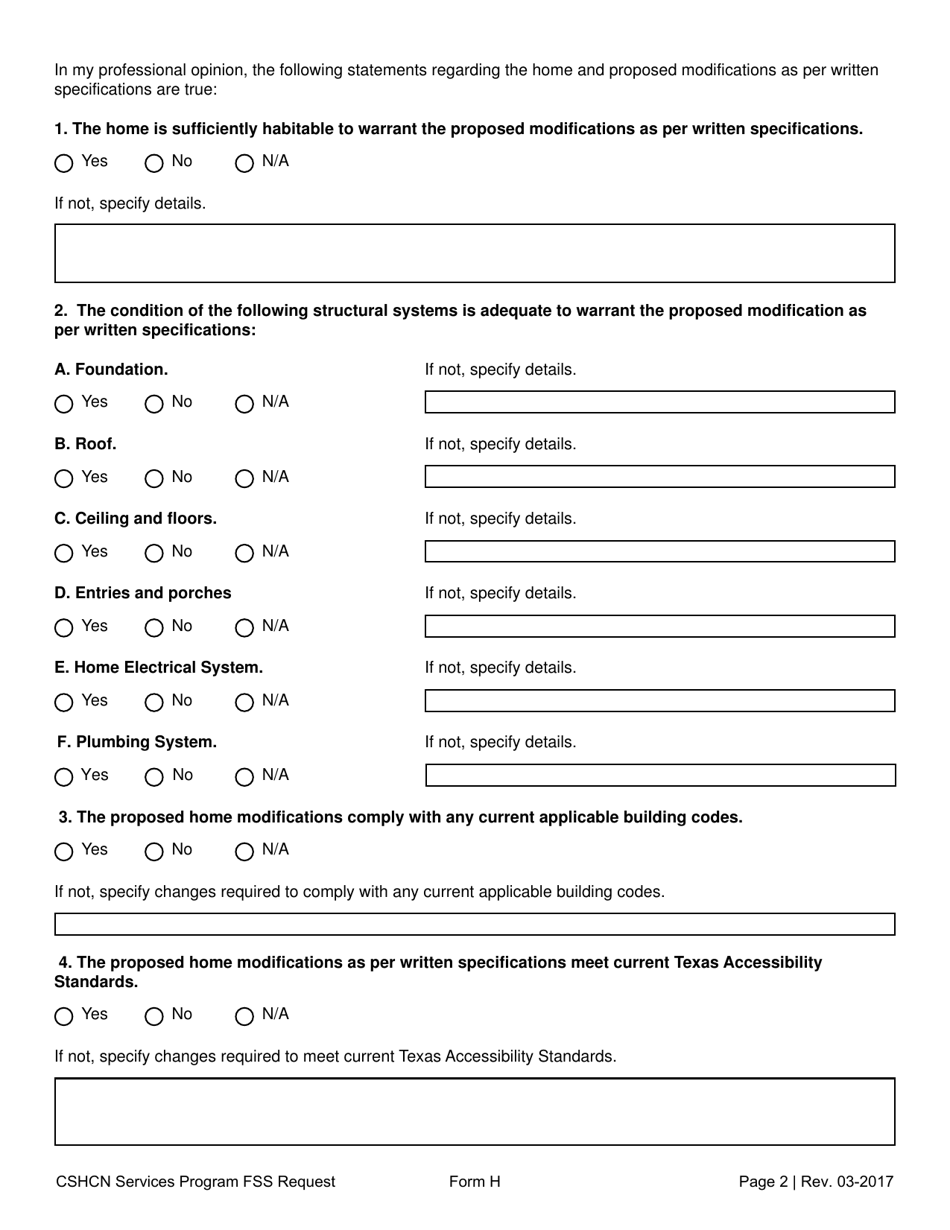 Form H Family Support Services Request - Home Modifications: Initial Inspection Report - Texas, Page 2