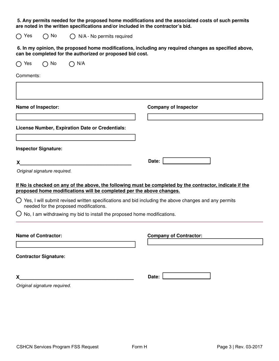Form H Family Support Services Request - Home Modifications: Initial Inspection Report - Texas, Page 3