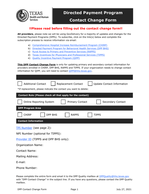 Contact Change Form - Directed Payment Program - Texas Download Pdf