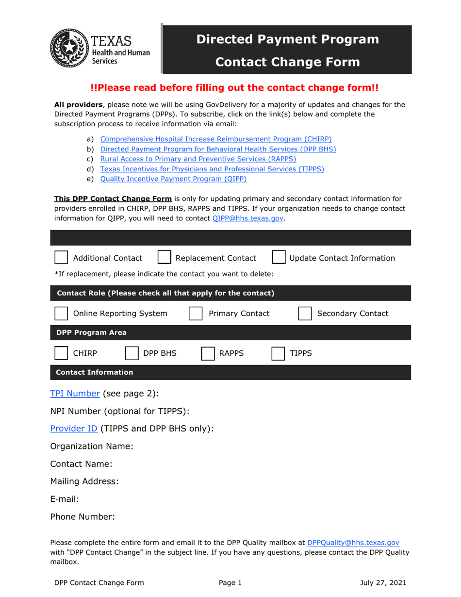 Contact Change Form - Directed Payment Program - Texas, Page 1