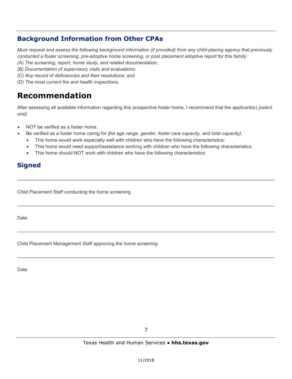 Sample Foster Home Screening Document - Texas, Page 7
