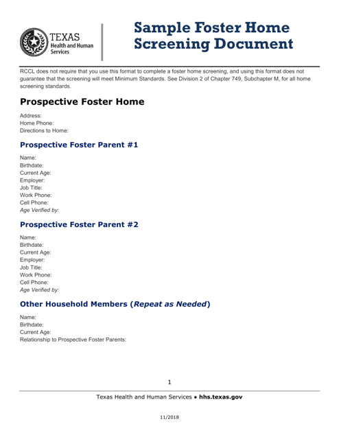 Sample Foster Home Screening Document - Texas