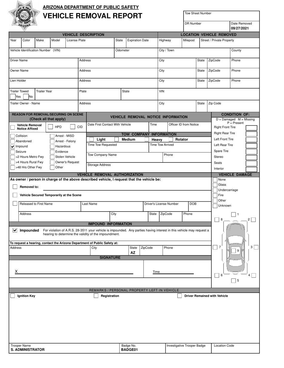 Vehicle Removal Report - Arizona, Page 1