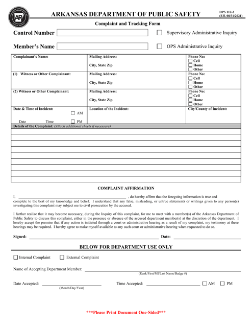 Form DPS112-2 Complaint and Tracking Form - Arkansas