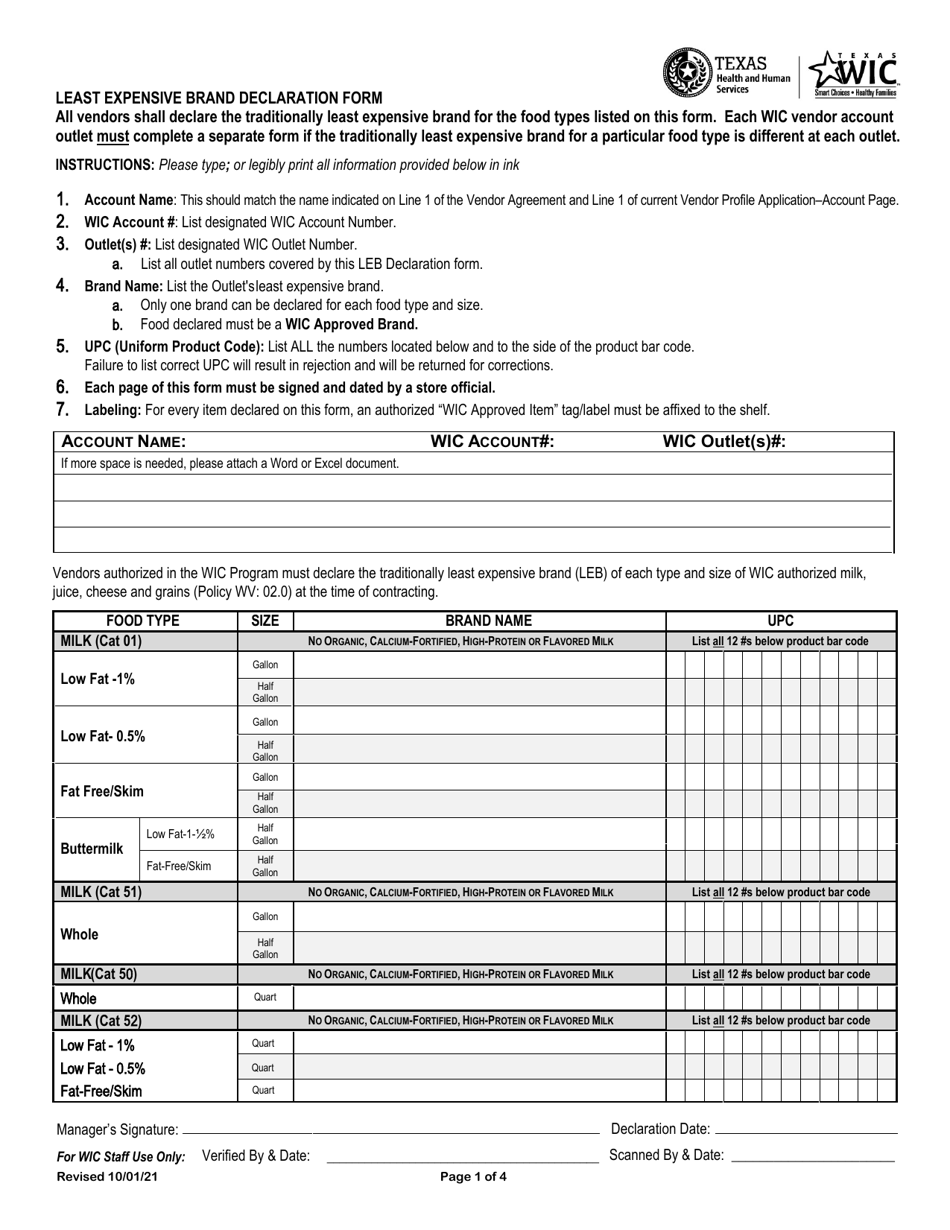 Texas Least Expensive Brand Declaration Fill Out, Sign Online and