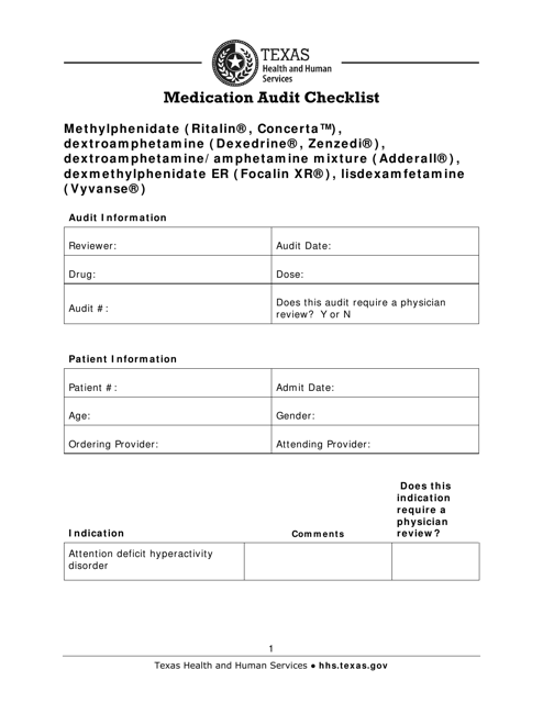 Medication Audit Checklist - Methylphenidate (Ritalin, Concerta), Dextroamphetamine (Dexedrine, Zenzedi), Dextroamphetamine/Amphetamine Mixture (Adderall), Dexmethylphenidate Er (Focalin Xr), Lisdexamfetamine (Vyvanse) - Texas