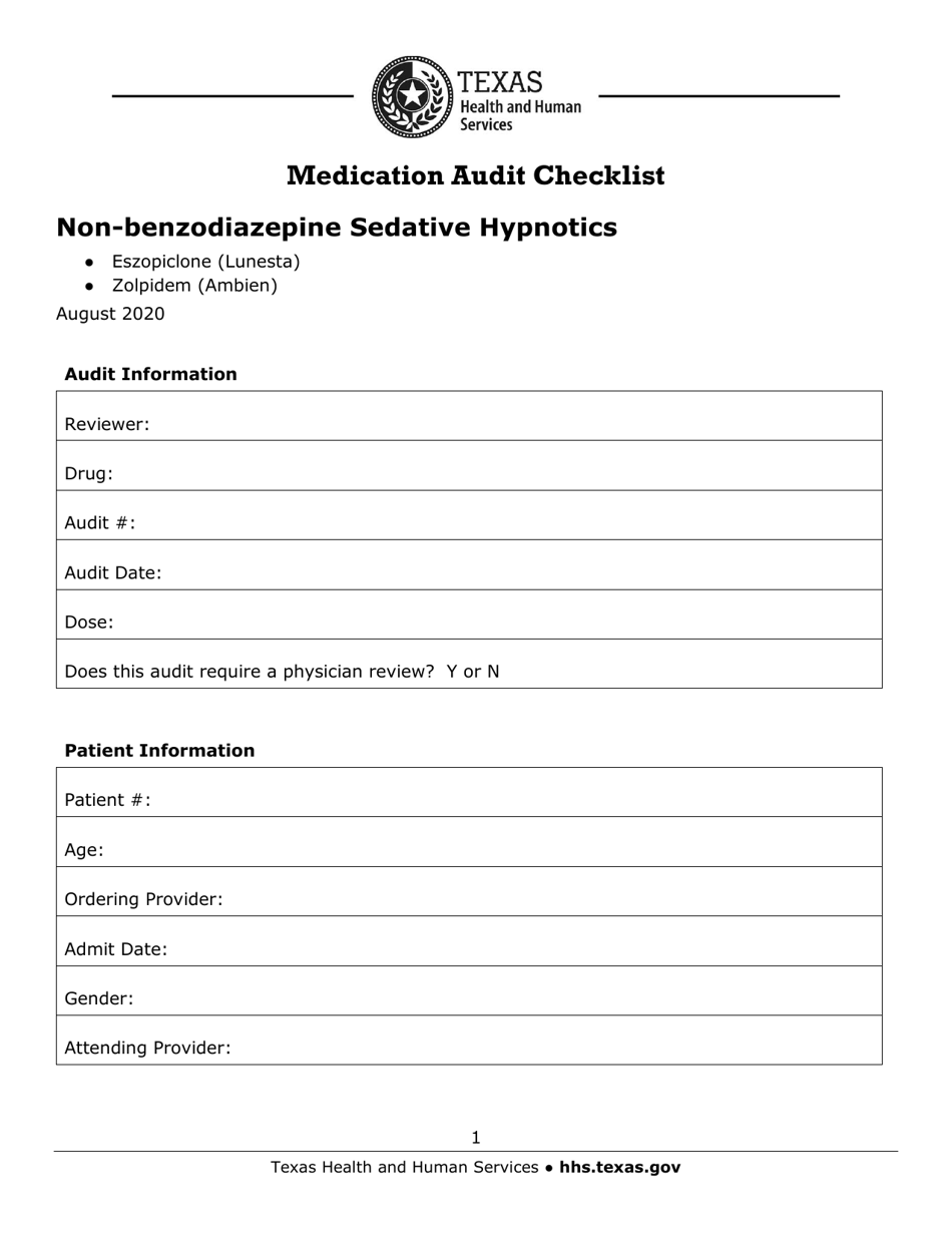 Medication Audit Checklist - Non-benzodiazepine Sedative Hypnotics - Eszopiclone (Lunesta), Zolpidem (Ambien) - Texas, Page 1