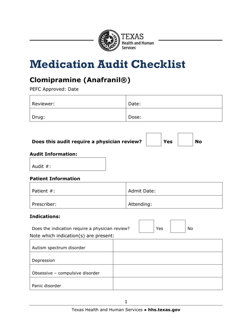 Medication Audit Checklist - Clomipramine (Anafranil) - Texas Download Pdf