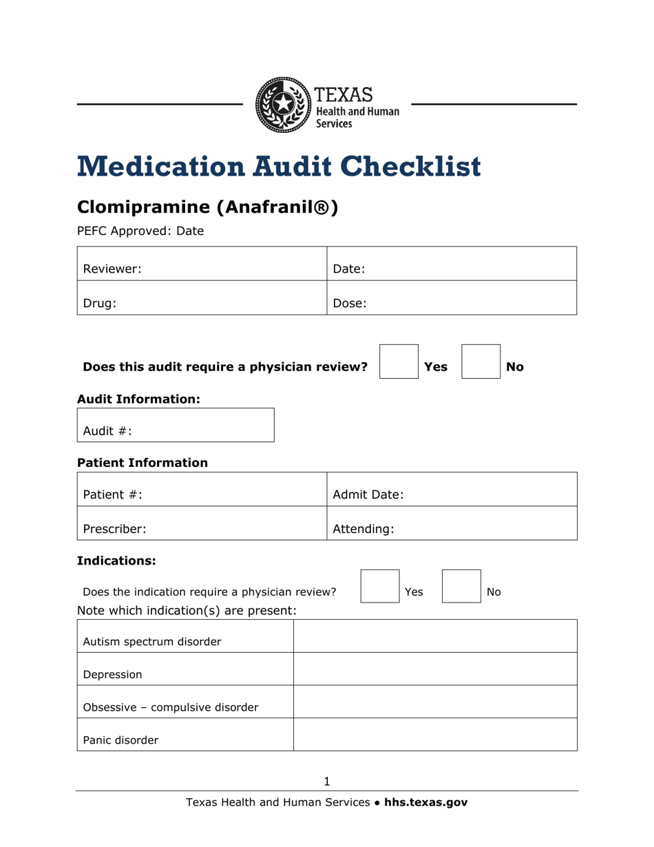 Texas Medication Audit Checklist Clomipramine (Anafranil) Fill Out